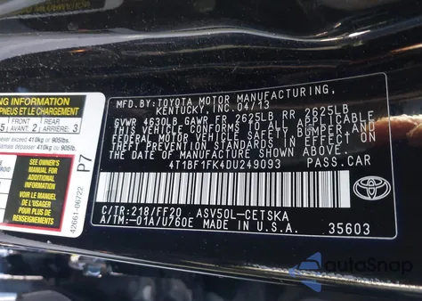 2013 Toyota Camry Se z USA, uszkodzony, nr VIN 4T1BF1FK4DU249093